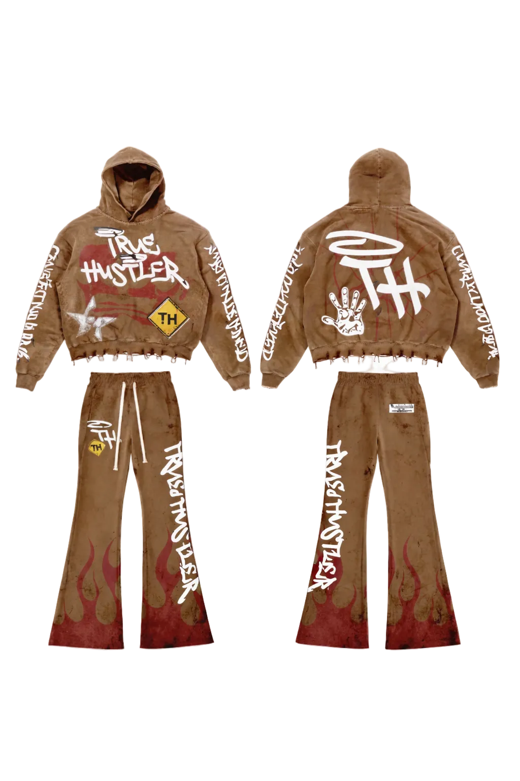 True Hustler Flame Hoodie Set β Brown
