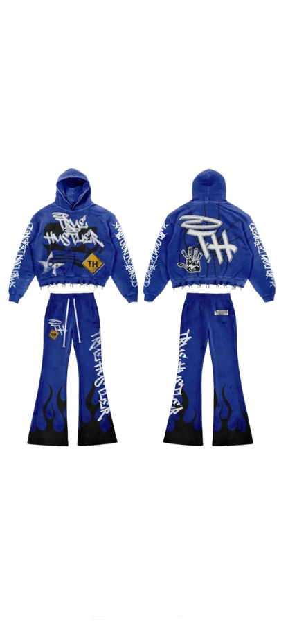 True Hustler Flame Hoodie Set – Blue