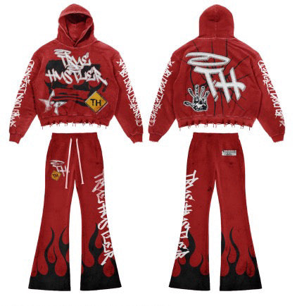 True Hustler Flame Hoodie Set – Red