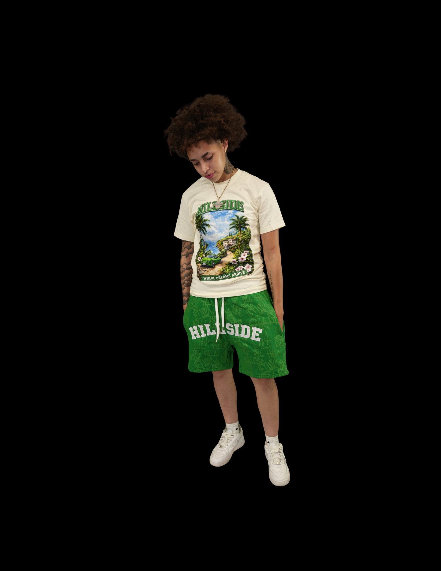 Cream & Green Paradise Graphic Tee & Short Set