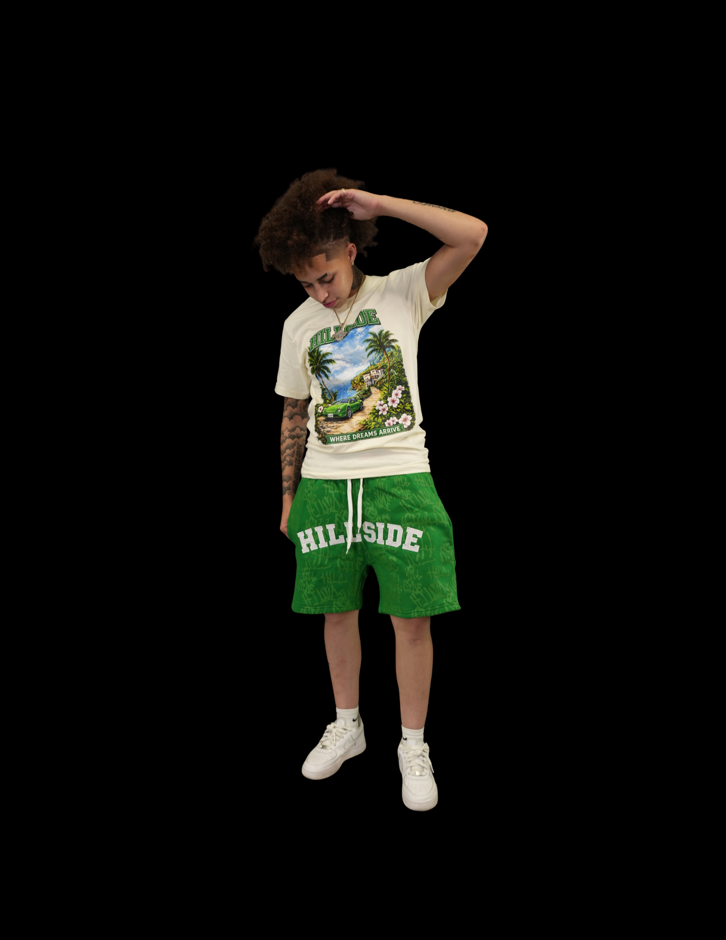 Cream & Green Paradise Graphic Tee & Short Set
