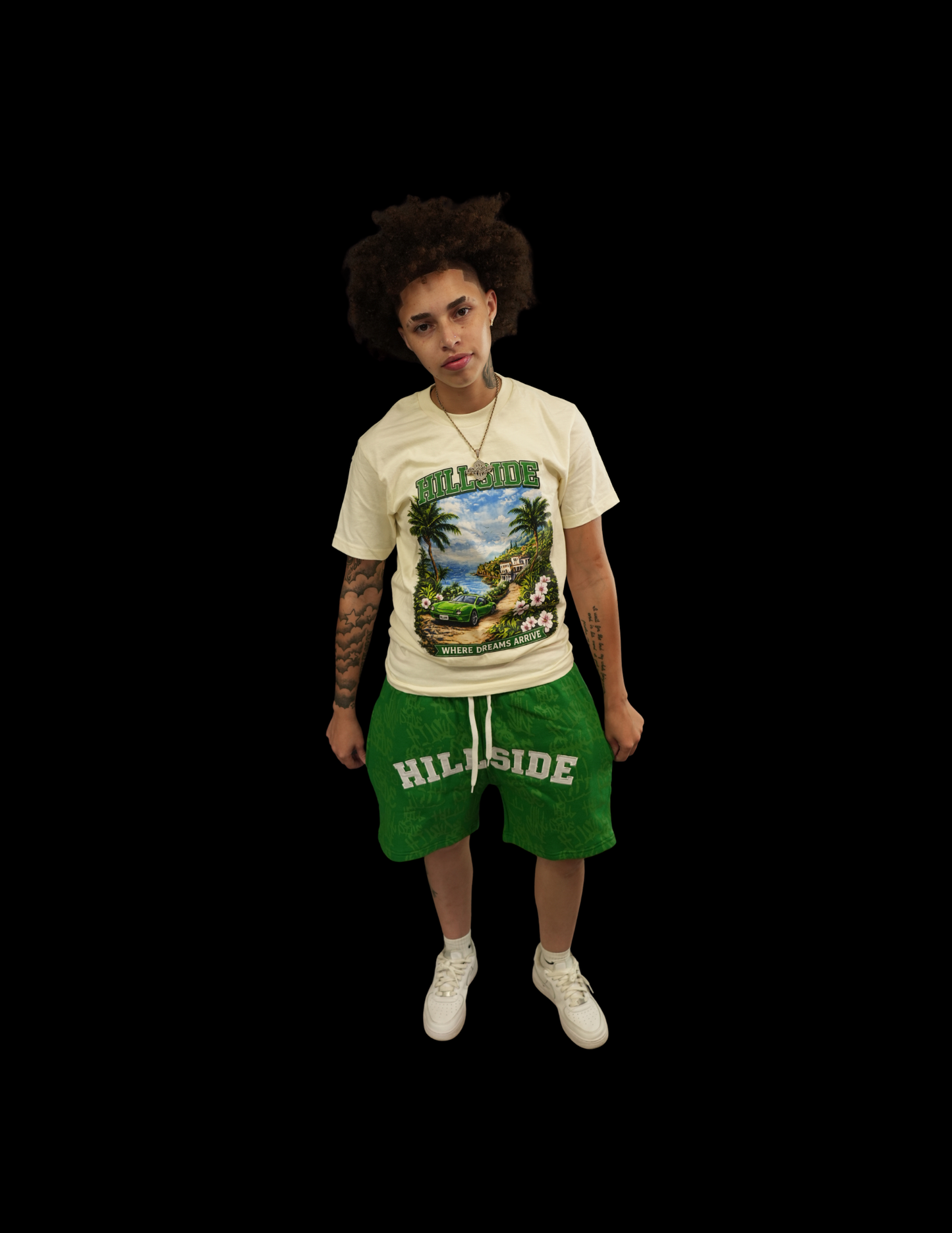 Cream & Green Paradise Graphic Tee & Short Set