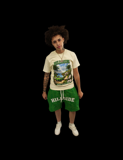 Cream & Green Paradise Graphic Tee & Short Set