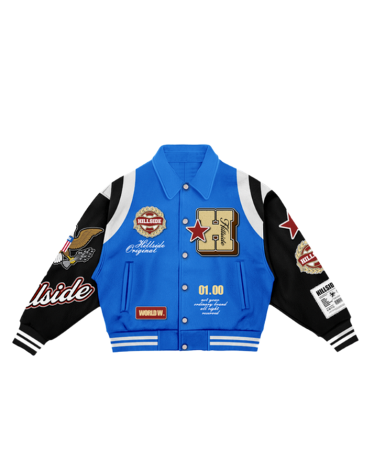 Blue “Hillside Wrld Dept” Varsity Jacket