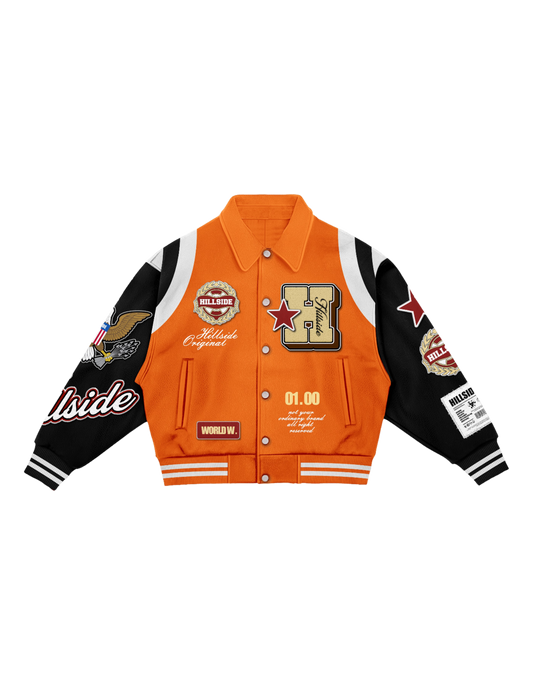 Orange “Hillside Wrld Dept” Varsity Jacket
