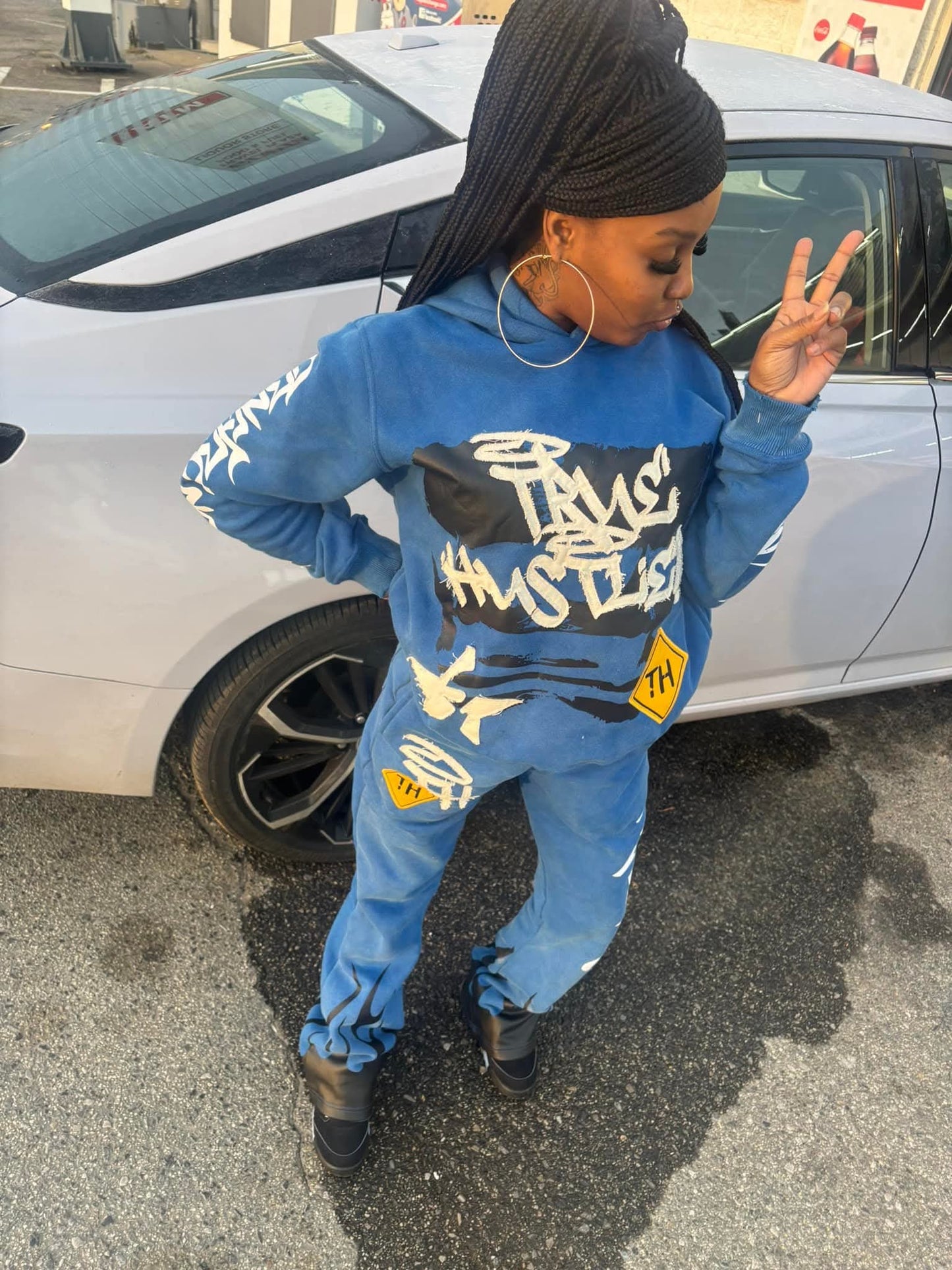True Hustler Flame Hoodie Set – Blue