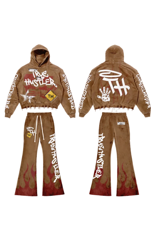 True Hustler Flame Hoodie Set – Brown